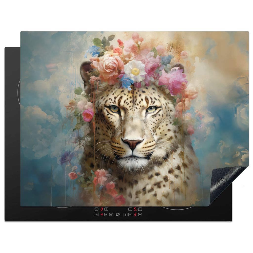 KitchenYeah Herdabdeckplatte Leopard - Blumen - Wildtiere - Botanisch , 77x59cm, Küche Deko, Glaskeramikkochfeld Herdabdeckung, Abdeckplatte fù...