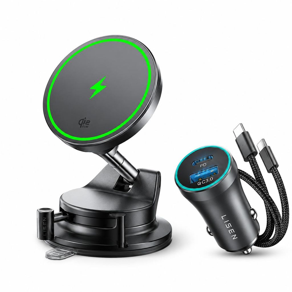 LISEN Qi2 25W Magnetisches Auto-Ladegerät – Vakuum Produktbild  KI-generiertes Bild