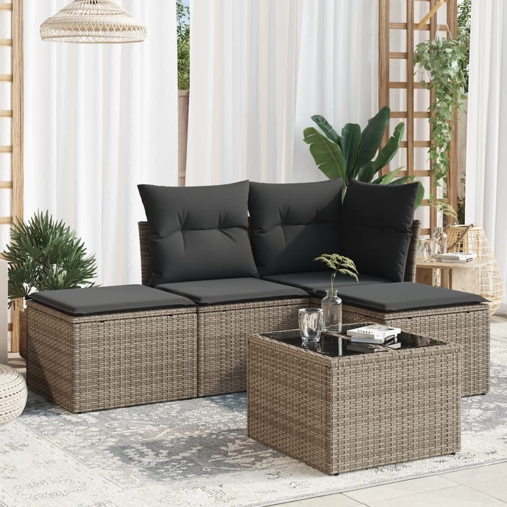 Design 5-tlg. Garten-Sofagarnitur mit Kissen Grau Poly Rattan, Gartenmöbel-Sets 2024 Neu