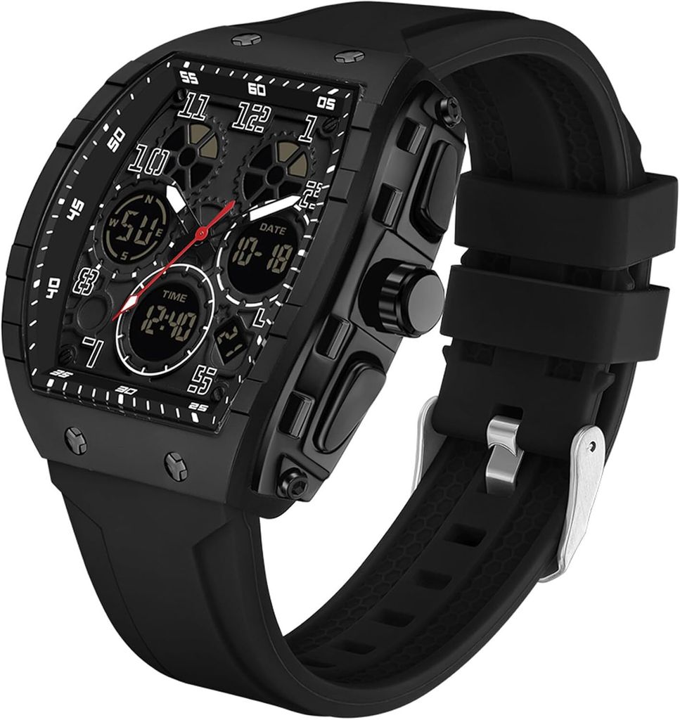 Multifunktion Herrenuhr Cooles Design Kreative Herren Uhren Digital Analog Quarz Armbanduhr mit Doppelzeit Timer Stoppuhr 5ATM Wasserdicht Sportuhr
