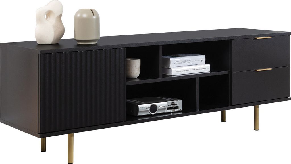 MIRJAN24 TV-Lowboard Nubia mit Drehtür und zwei Schubladen, TV-Tisch, Metallfüße, 150x41x52 cm (Farbe: Schwarz)