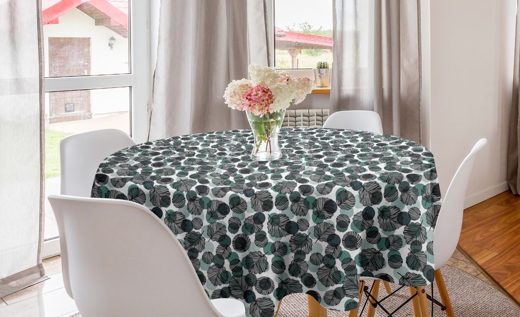 ABAKUHAUS Blätter Runde Tischdecke, Abstrakt Dots-Laub, Kreis Tischdecke Abdeckung für Esszimmer Küche Dekoration, 150 cm, Blassgrün Schieferblau