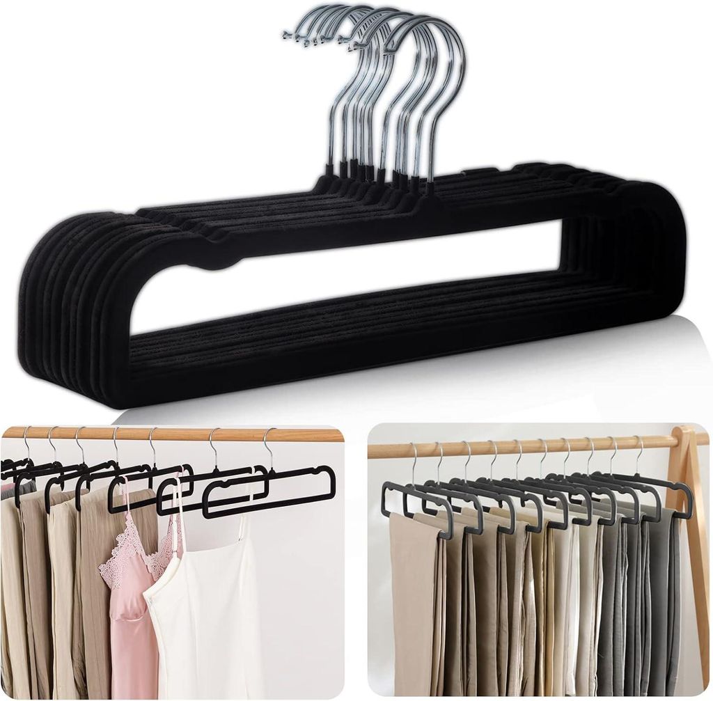 10er-Set Hosenbügel, rutschfeste Samt-Hosenbügel, 35 cm lang, 360° drehbarer Haken, platzsparend, für Hosen, Jeans, Schals und Kleider – Schwarz