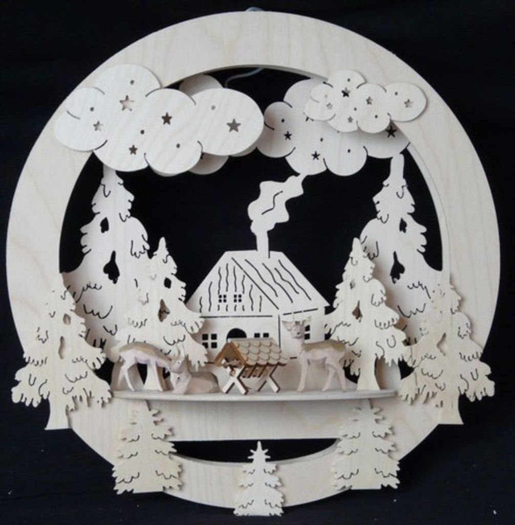 Fensterbild mit Haus Rehe und Beleuchtung BxHxT 32x32x4cm NEU