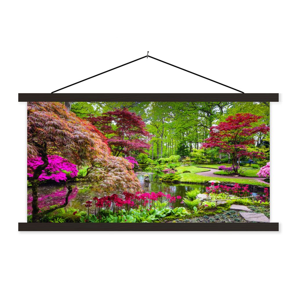 MuchoWow Textilposter Bäume - Blumen - Japanisch - Natur - Wasser 60x30 cm mit schwarzem Rahmen - Textilien