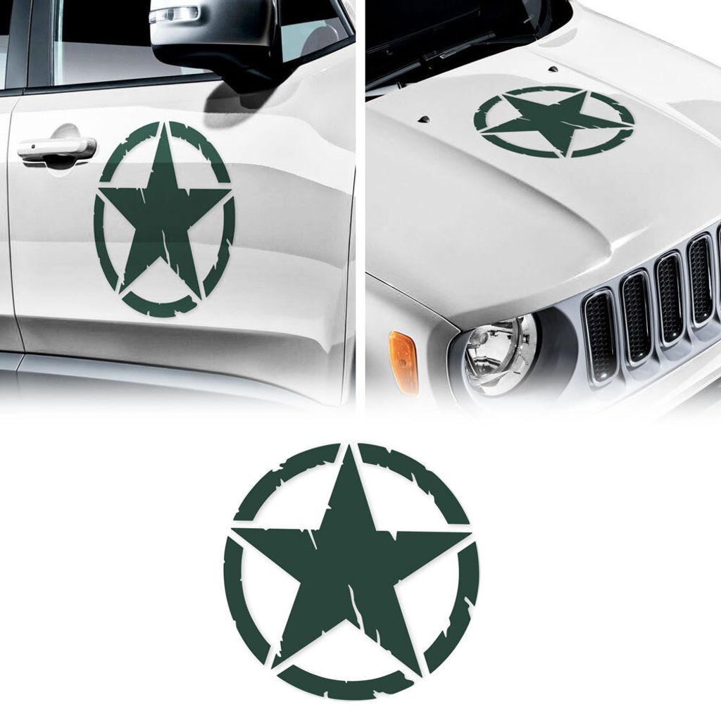 Aufkleber Stern Army Militare für Jeep Renegade, Diam 33 cm, Grün, 2 Stück