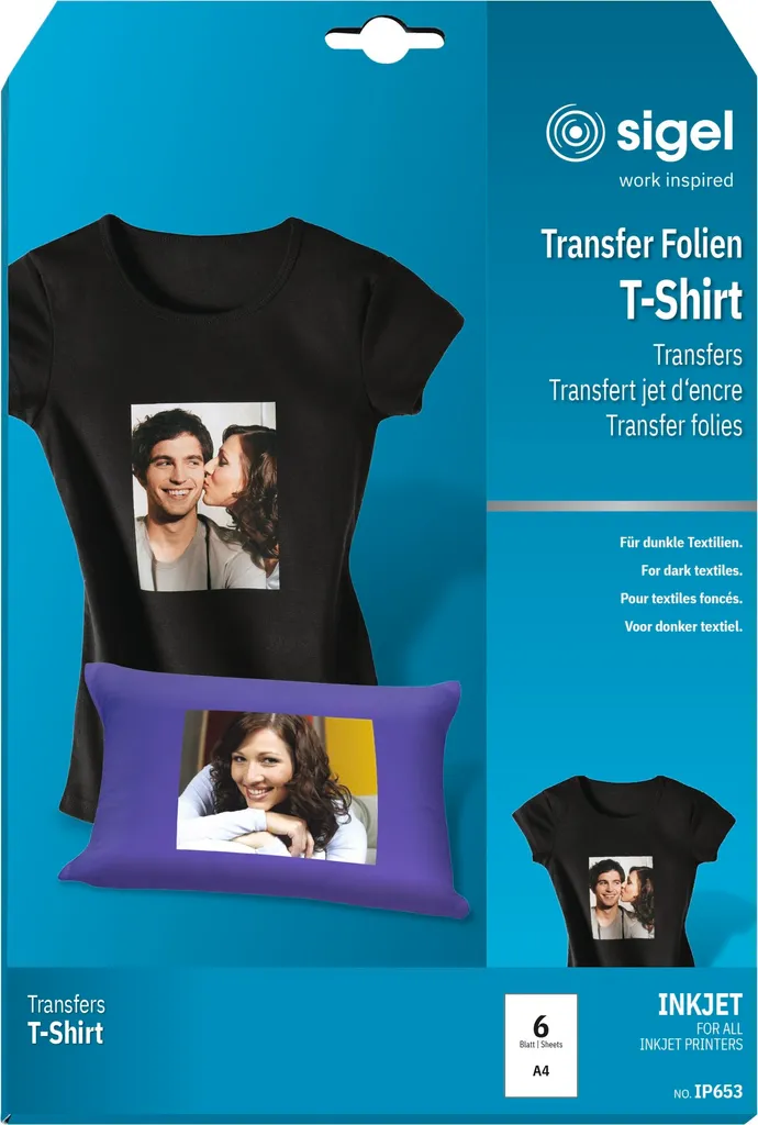 Sigel® IP653 Pellicole di trasferimento InkJet per T-shirt, per tessuti di colore scuro, incl. carta da stiro, 6 pellicole - 1