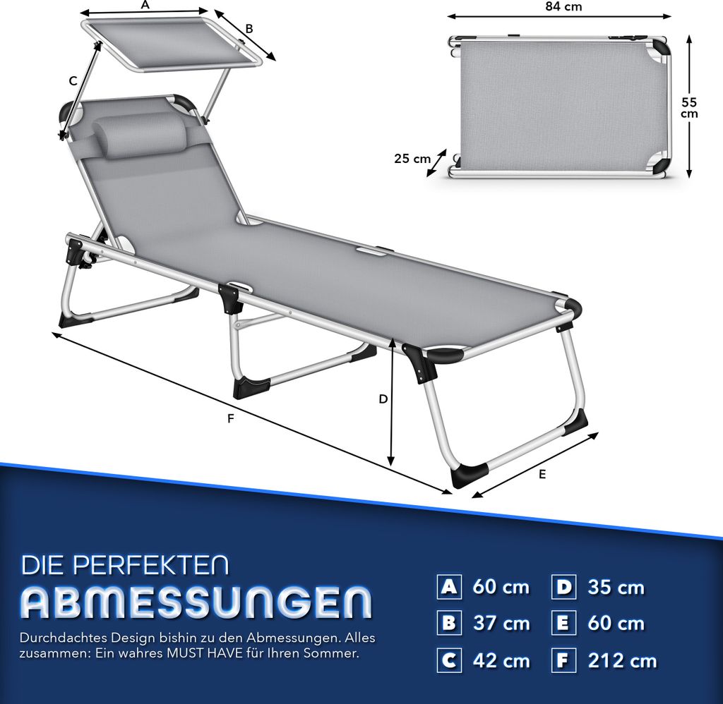 tillvex® Sonnenliege mit Dach und Kopfkissen Grau - Basic Produktbild 5