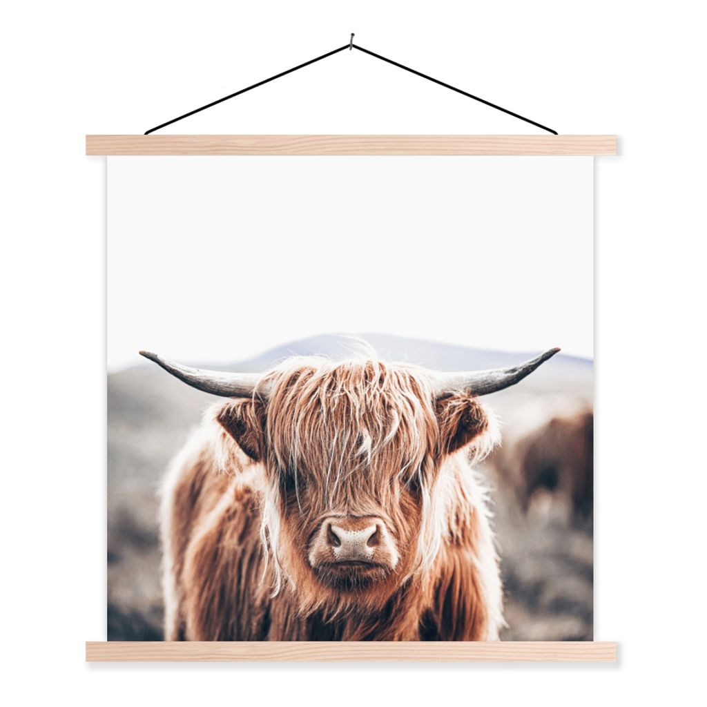 MuchoWow Textilposter Schottischer Highlander - Berg - Hoorn 120x120 cm mit holzfarbenen Rahmen - Textil-Poster