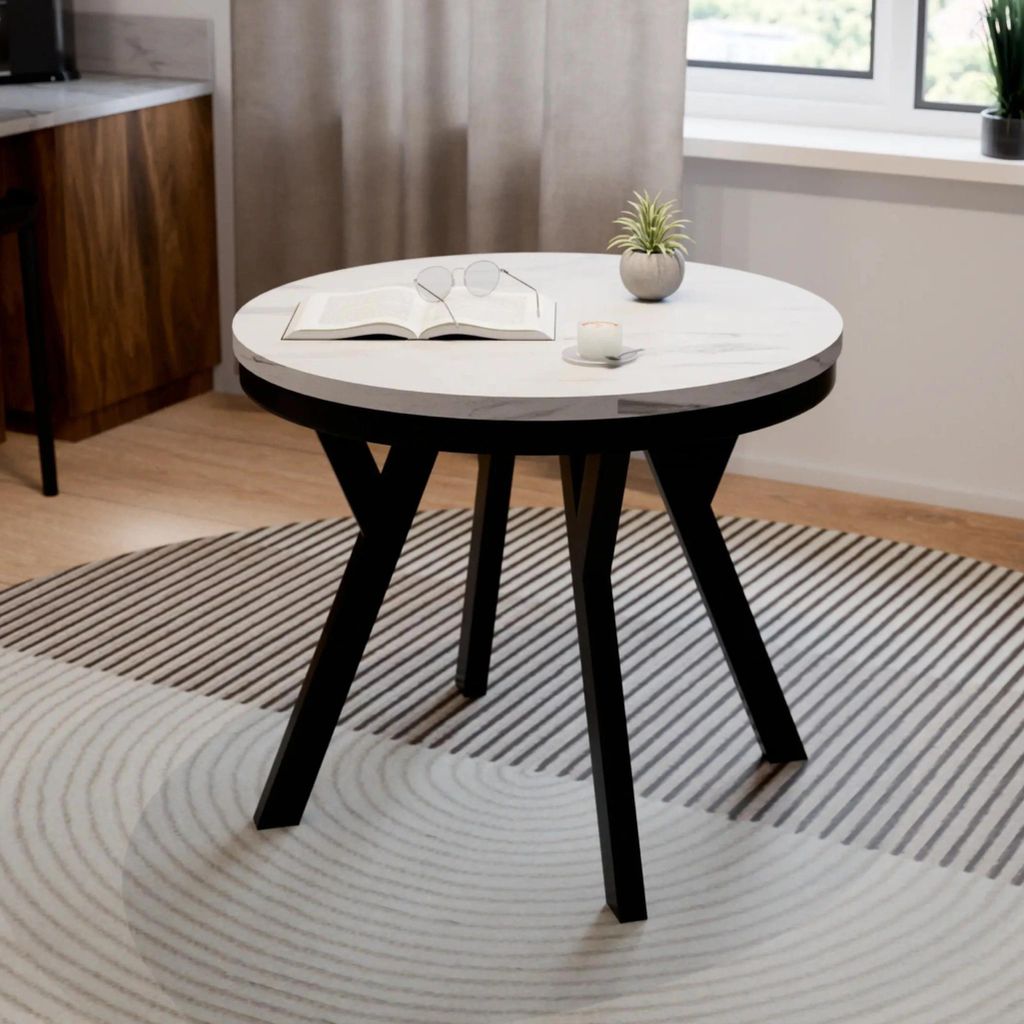 Esstisch ARI Rund 90-190 cm Ausziehbar Marmor Bianco Weiß Produktbild 