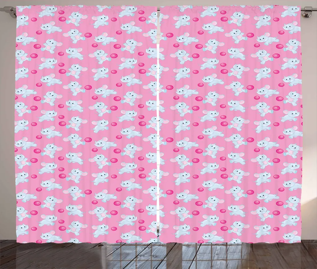 ABAKUHAUS Tenda rustica con elefanti, Girly Happy Animals, tenda per camera da letto con passanti e ganci, 280 x 175 cm, rosa baby blu