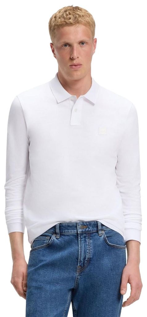 Weißes Herren Langarm-Poloshirt, Slim Fit mit Applikation & Produktbild 
