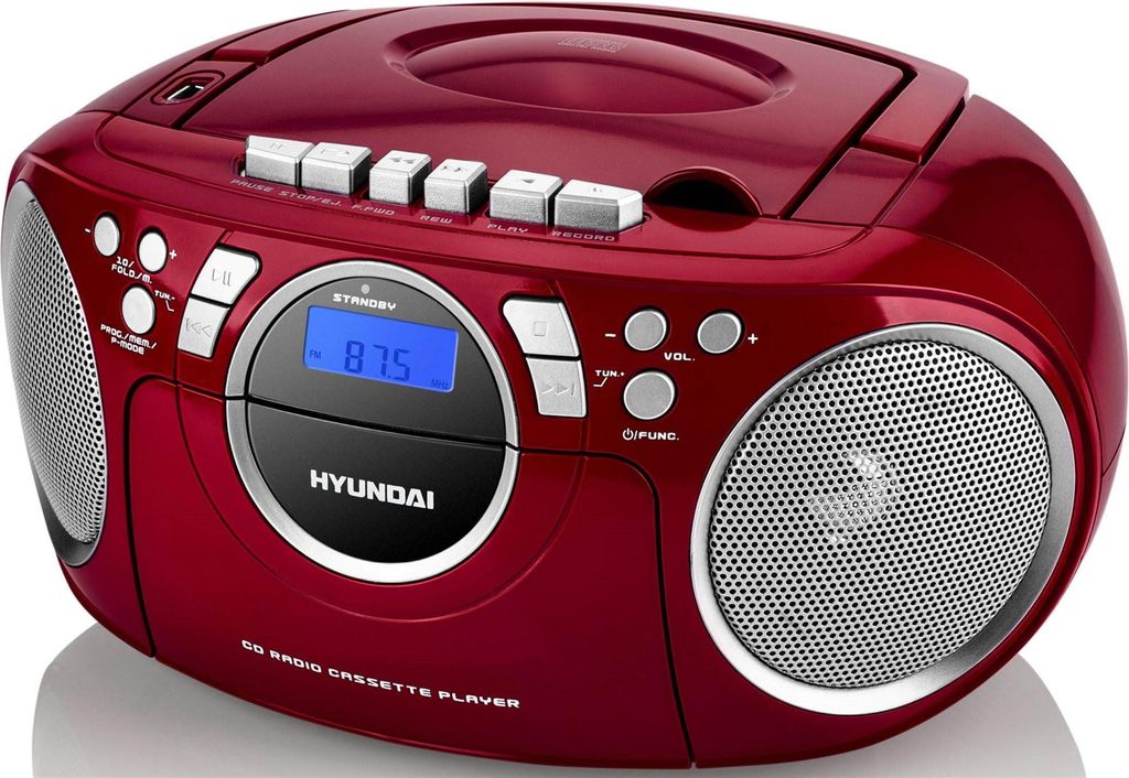 A red and silver Hyundai CD radio cassette player is shown against a white background.