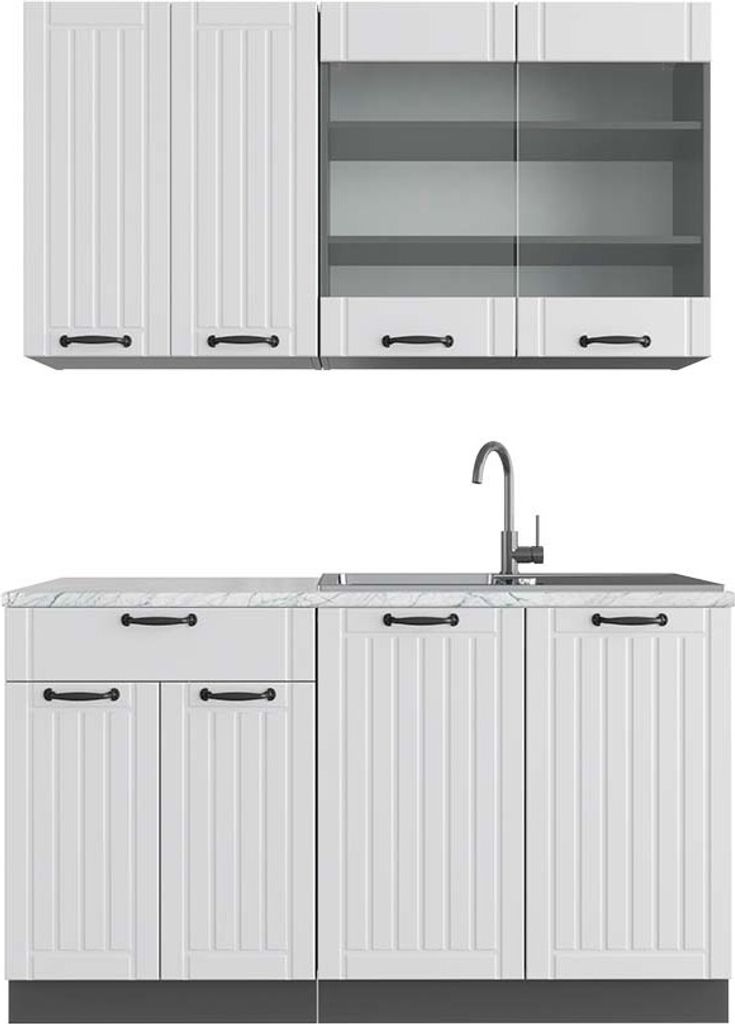 Singleküche Vicco Fame-Line Weiß Landhaus/Anthrazit 140 cm , AP Marmor, Model 42652