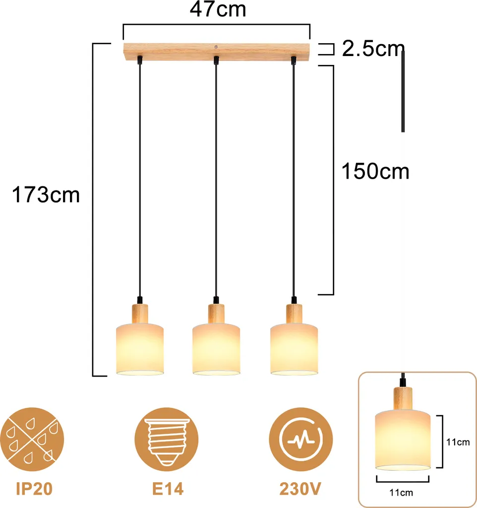 Lampe table à manger bois blanc - Éclairage doux 3 points ZMH E14