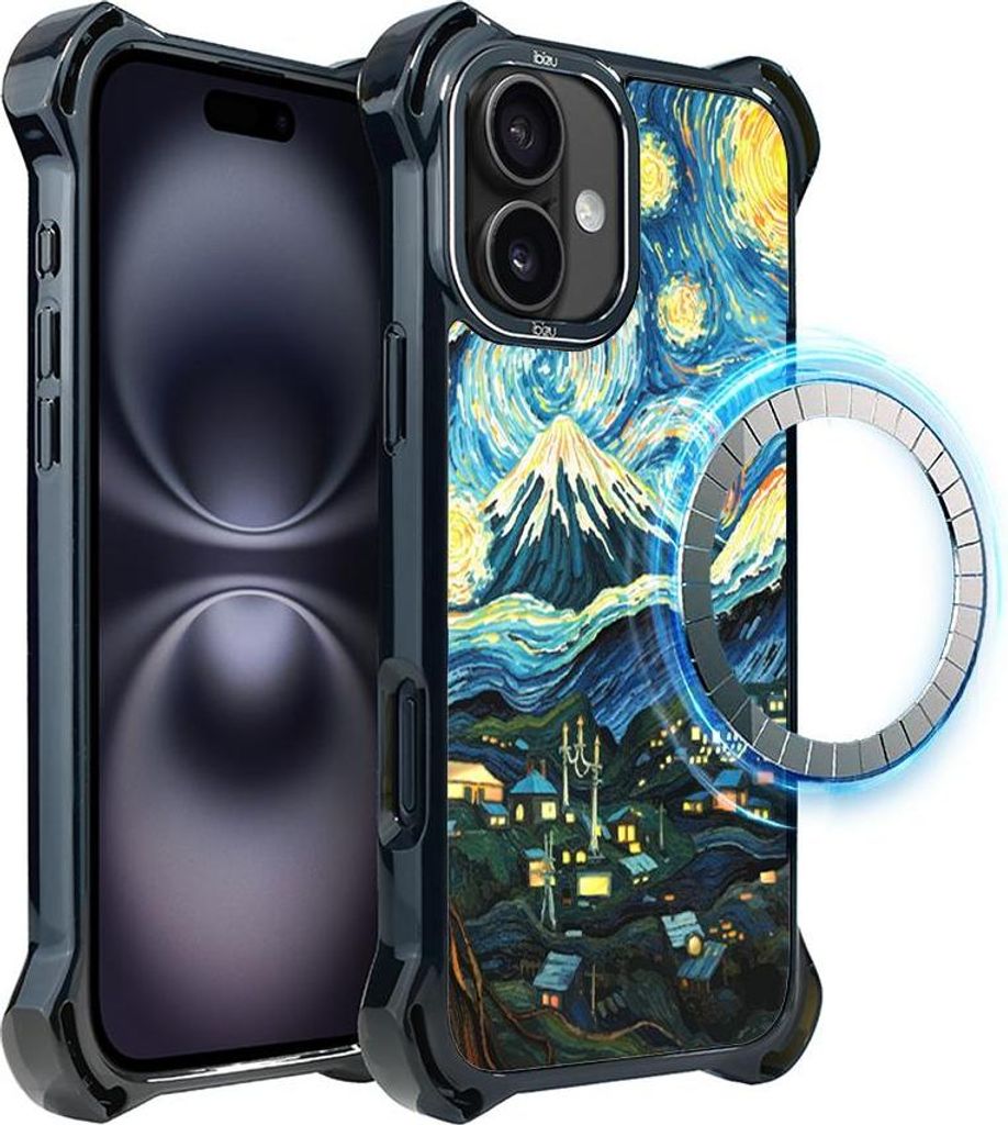Schutzhülle für das iPhone 16 Plus, MagSafe-kompatibel, verstärkte Ecken, schwarz, Eine sternenklare Nacht, Motiv aus einem Gemälde von Van Gogh