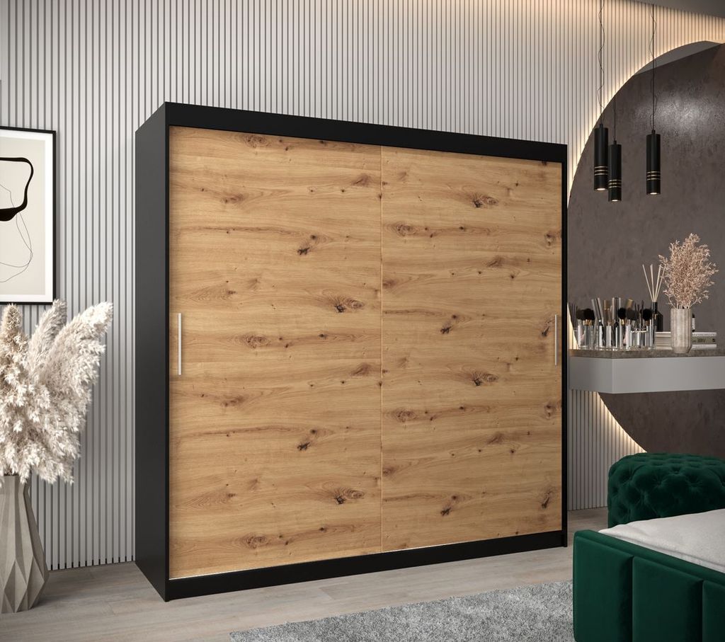Schwebetürenschrank mit einer Breite von 200 cm TIMEA – Schwarz / Eiche Artisan