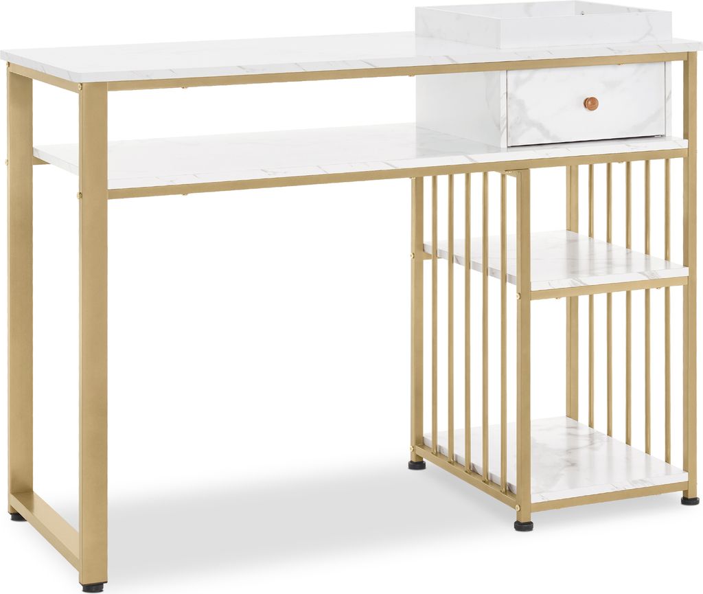M MCombo Schreibtisch mit Schubladen, mit Regal, Manikürtisch aus Holz Metallgestell, Schminktisch ohne Spiegel , Marmor-Weiß Gold, 2498