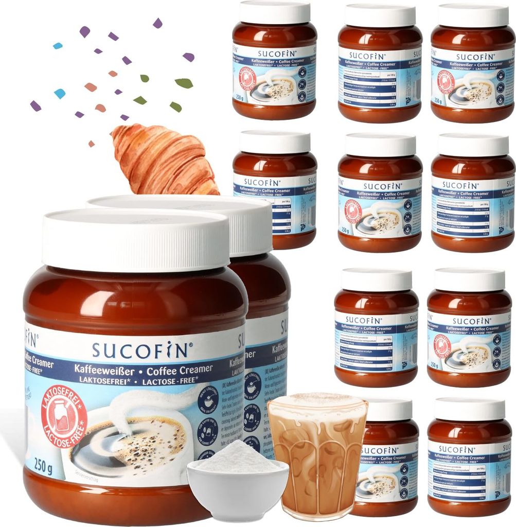 SUCOFIN Kaffeeweißer Laktosefrei 12 x 250g löslich, lange haltbar, weniger Fett für cremigen Genuss