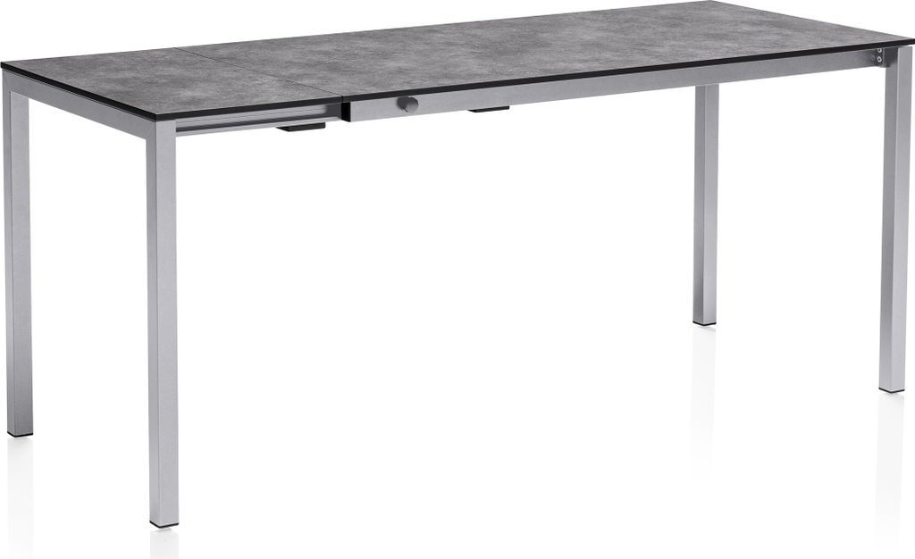 A rectangular outdoor table with a grey speckled top and silver legs, shown against a white background.