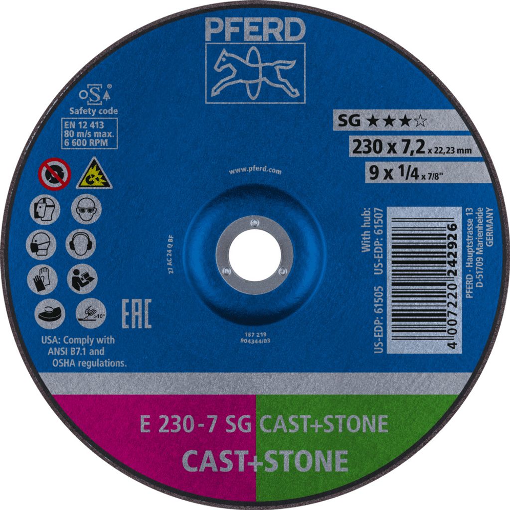 PFERD TOOLS Schruppscheibe E 230x7,2x22,23 mm Leistungslinie SG CAST+STONE für Guss/Stein