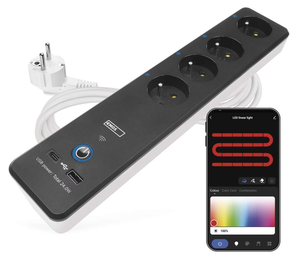 EMOS P1412SM GoSmart Verlängerungskabel 2 m / 4 Steckdosen / mit Aus-Schalter / mit USB / weiß-schwarz / PVC / 1,5 mm²