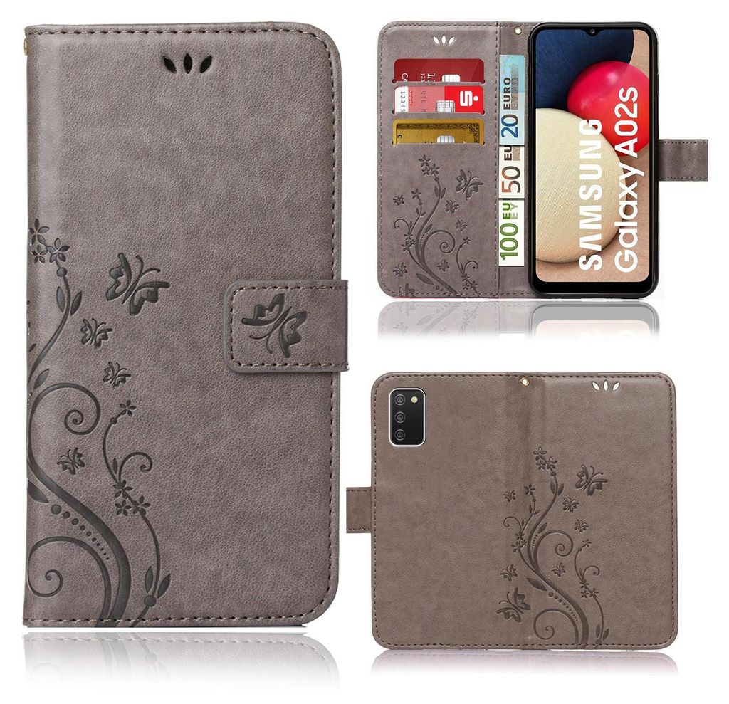 A collage of images showing a phone case for a Samsung Galaxy A03s, including its open and closed states, and a close-up of the phone inside.