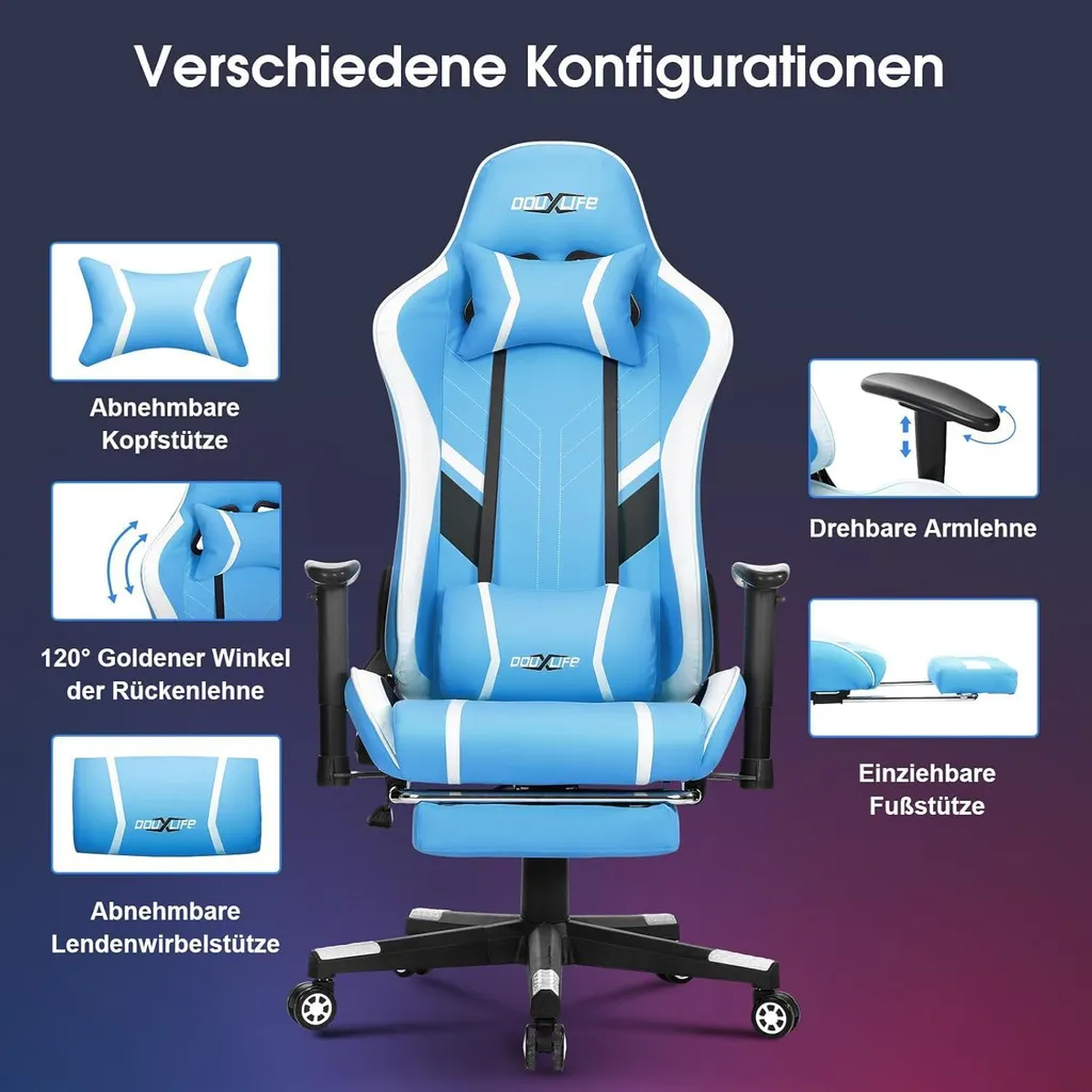Chaise gaming massante 7 points et repose-pieds escamotable Bleu 180KG - 8