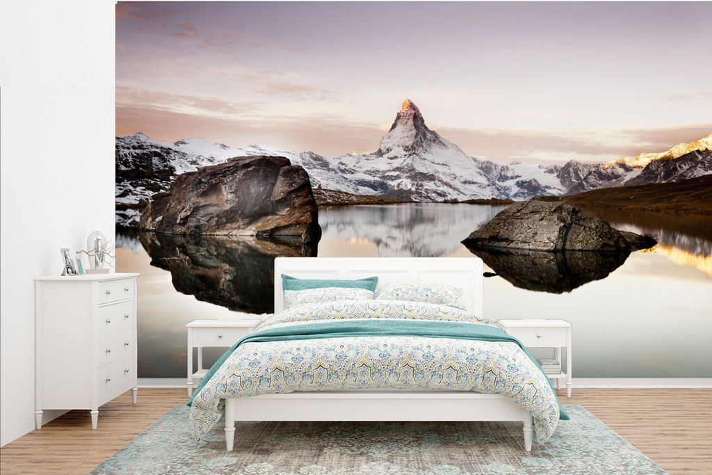 MuchoWow Fototapete für Wohnzimmer oder Schlafzimmer Wandtapete Vinyl Motivtapete Blick vom Stellisee auf das Matterhorn in der Schweiz - 385x24...
