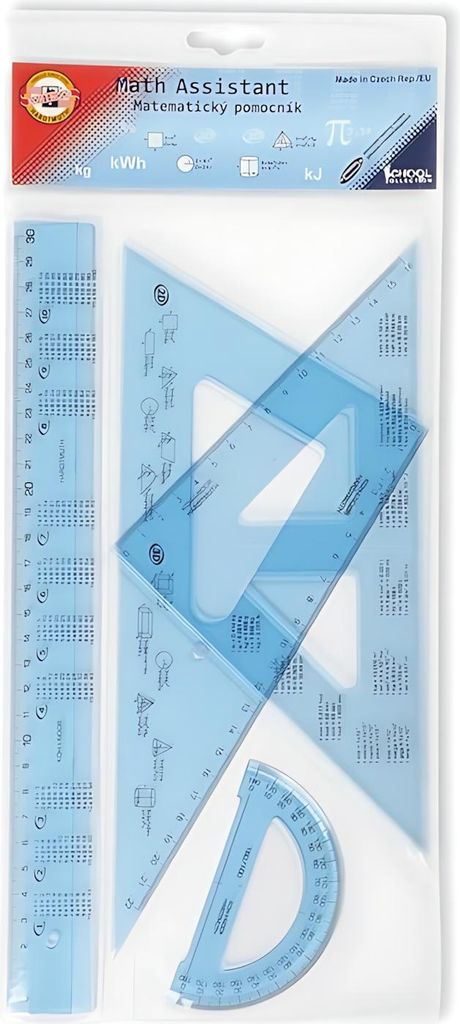 Geometrie- Set Groß / 30 cm Lineal 4 Teile , Transparent Blau, bedruckt