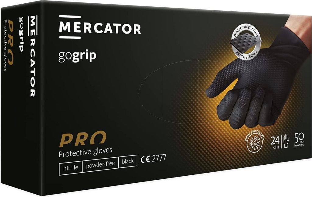 Nitrilhandschuhe puderfrei latexfrei 2-3x dicker Diamanttextur MERCATOR GoGrip, Größe:L - 500 Stück, Farbe:GoGrip Schwarz