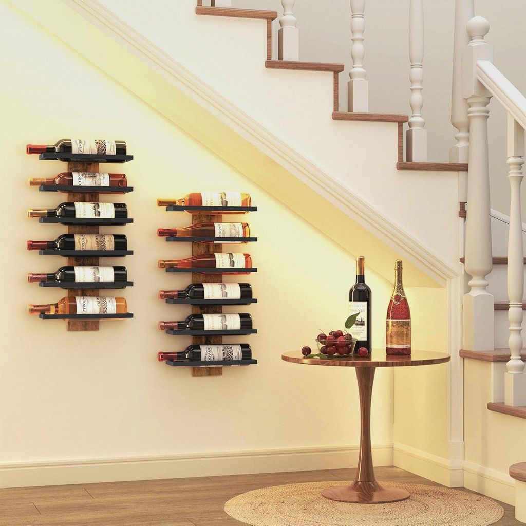 Weinregal Wand, Flaschenhalter, Flaschenregal mit 6 Ebenen, Metall Weinregal Hängend Weinflaschenregale Schwarz für Esszimmer, Schlafzimmer, Wein...