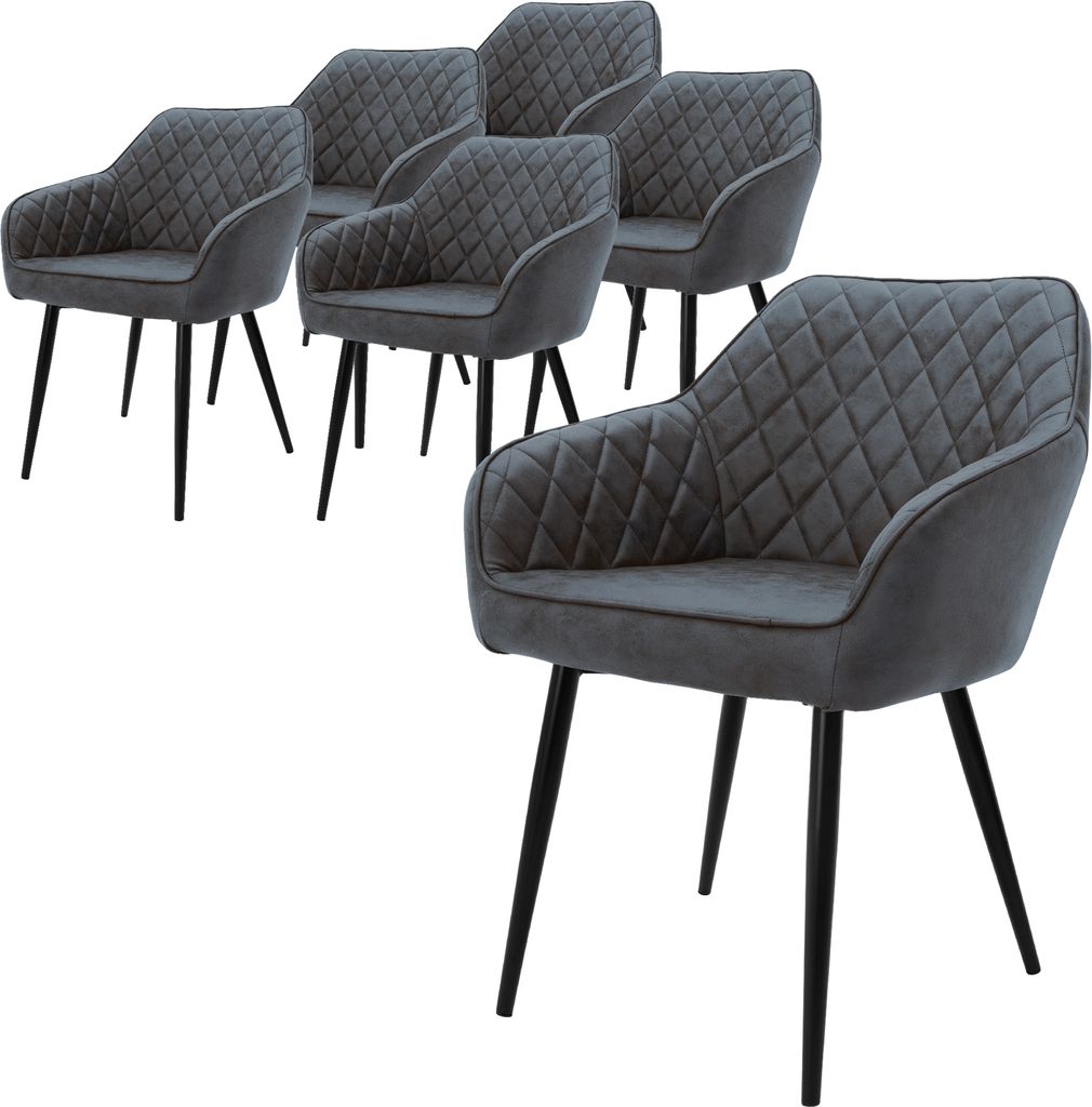 A set of six grey dining chairs with diamond stitching and black metal legs, arranged on a white background.