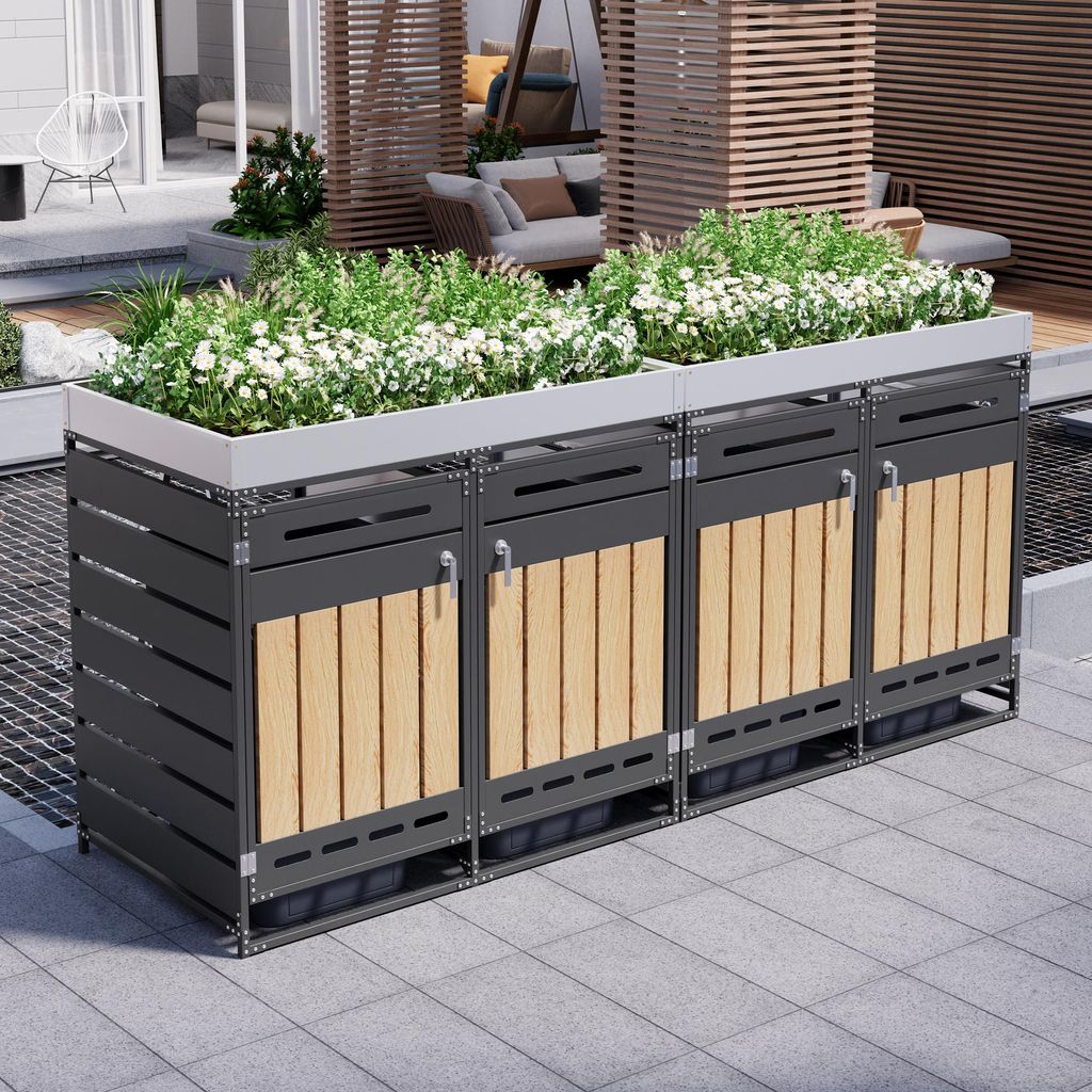Flieks Mülltonnenboxen Mülltonnenverkleidung 2er mit Pflanzkasten, Mülltonnenschrank mit Schloss für 4 Tonnen, 120–240L, 262x79x120 cm, Schwarz