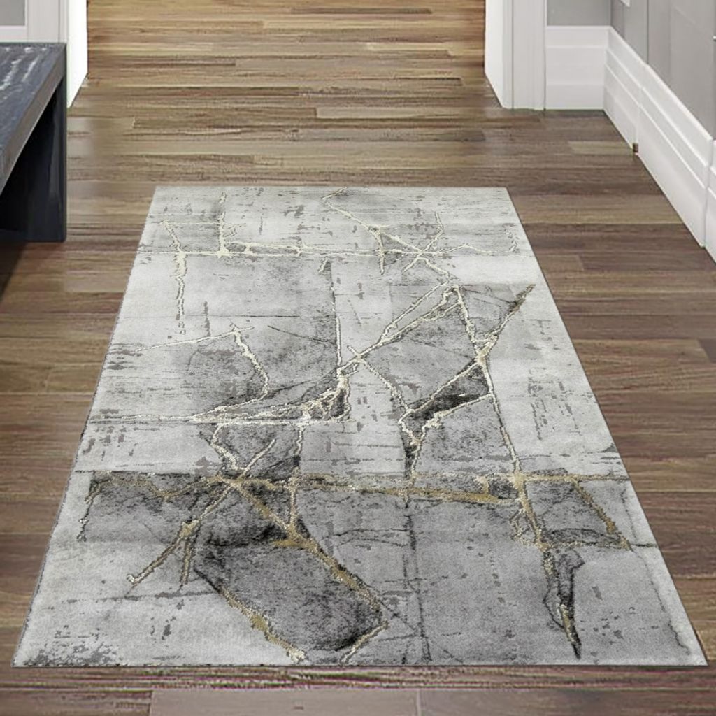 Tappeto moderno da salotto astratto in grigio crema oro Immagine del prodotto 