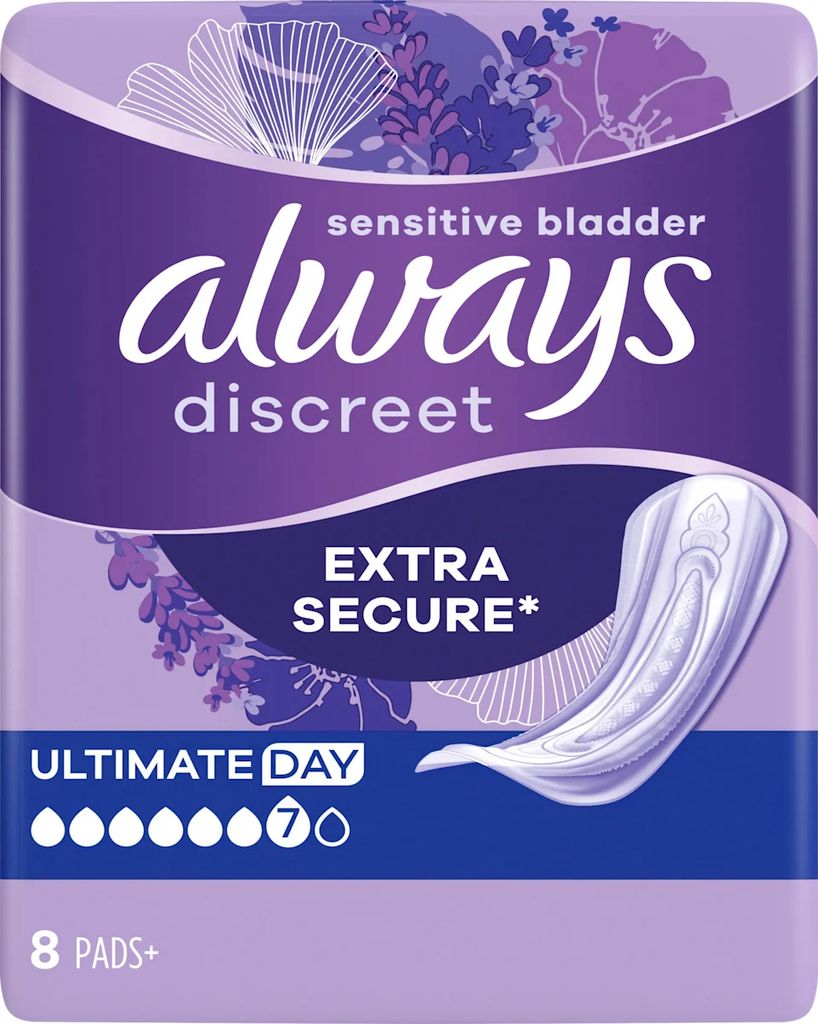 A package of Always Discreet sanitary pads for sensitive bladders.