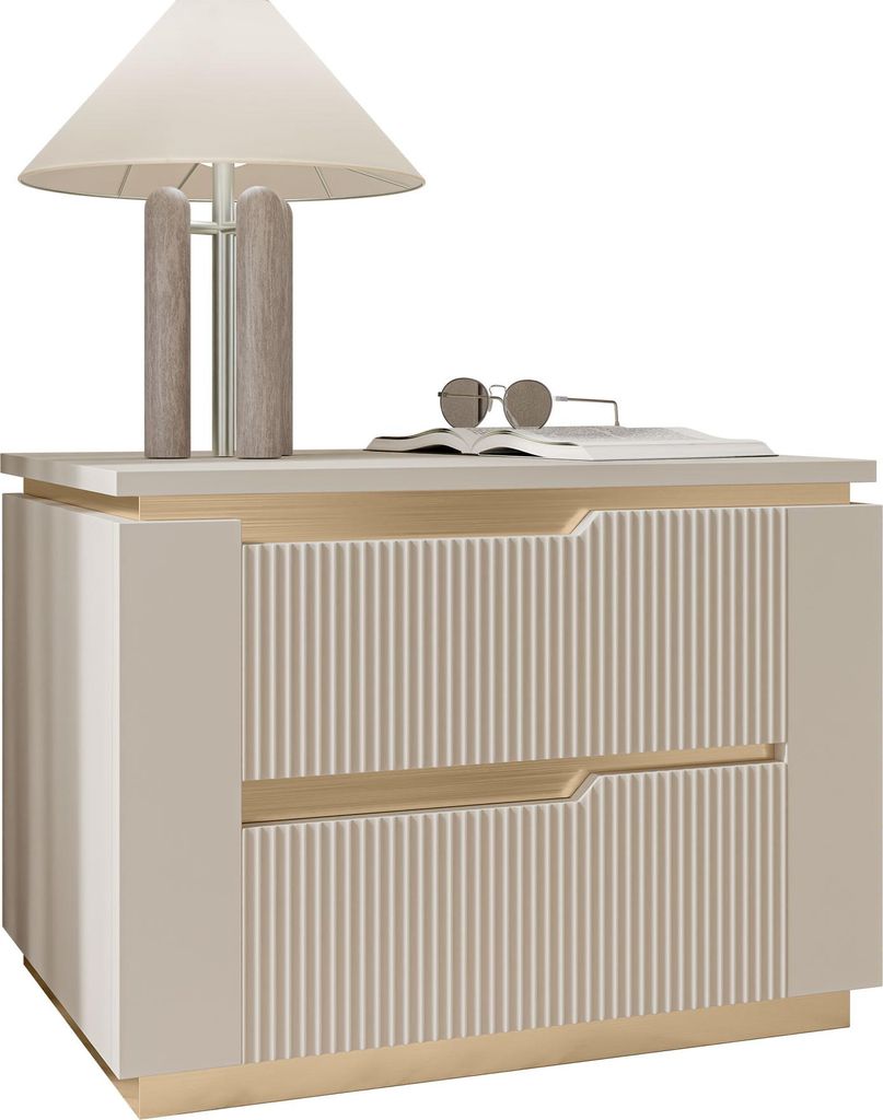 MIRJAN24 Nachttisch Hilfain 2S, Stilvoll Schlafzimmer, Nachttisch mit zwei Schubladen (Farbe: Sandbeige + Gold)