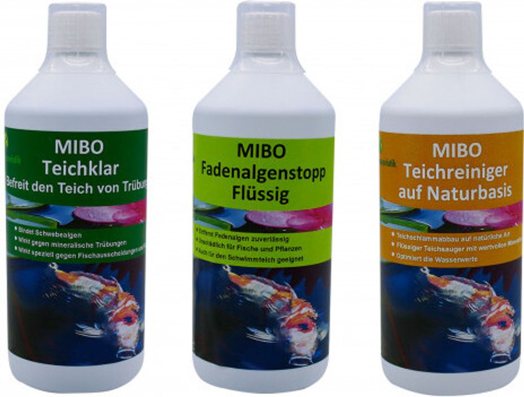 MIBO Teich Spar-Set Neu jetzt in 3 x 1000 ml Flaschen- Teichklar, Teichreiniger & Fadenalgenstopp (flüssig)"