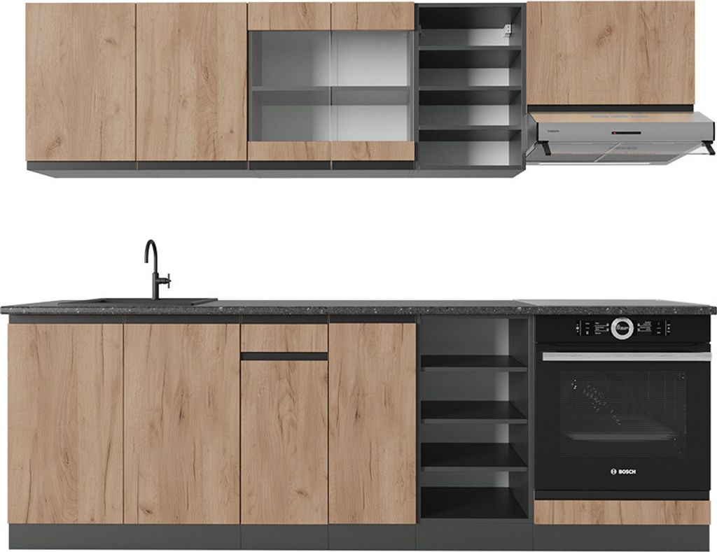 Küchenzeile Vicco R-Line Goldkraft Eiche/Anthrazit 240 cm J-Shape, Model 39847