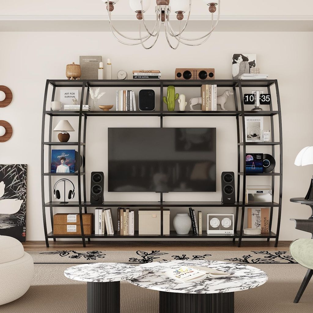 TV-Wand mit 6 Ablagen, Großes TV-Schrank, TV-Wandrahmen, Schwarz, Eisen + MDF, 217 x 35 x 150 cm