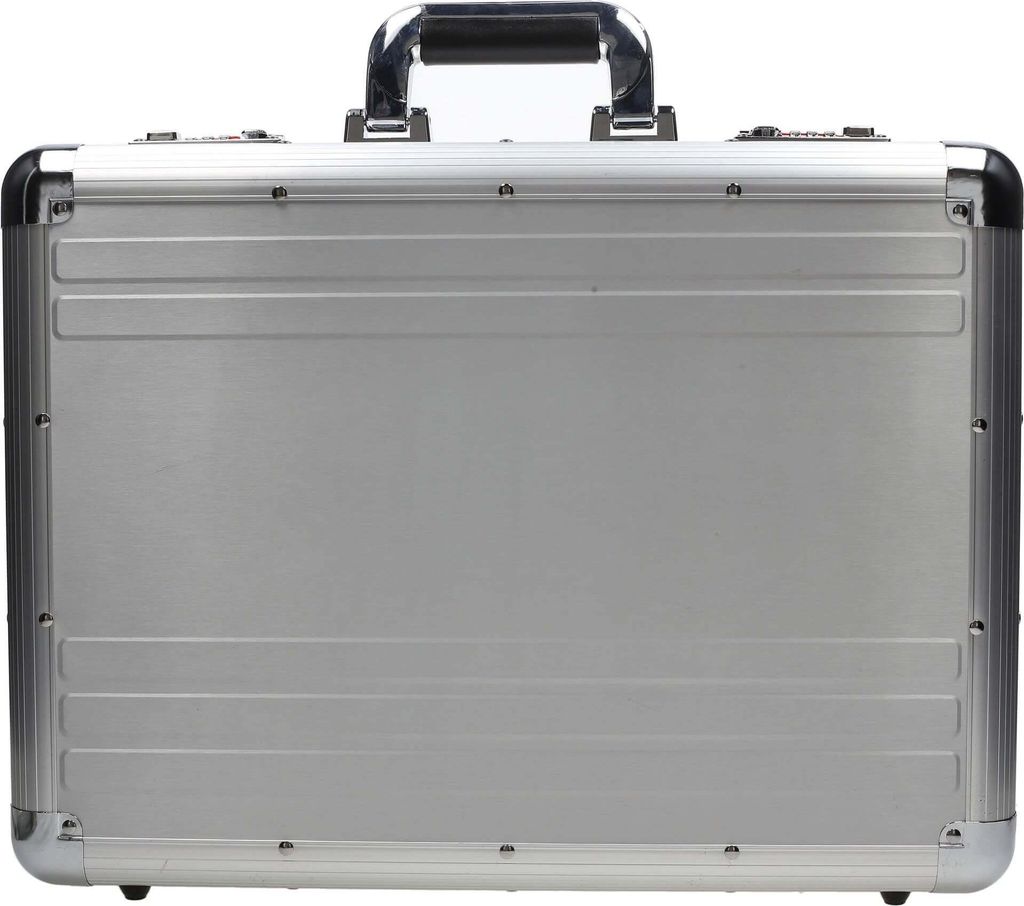 A front view of a silver aluminum attaché case.