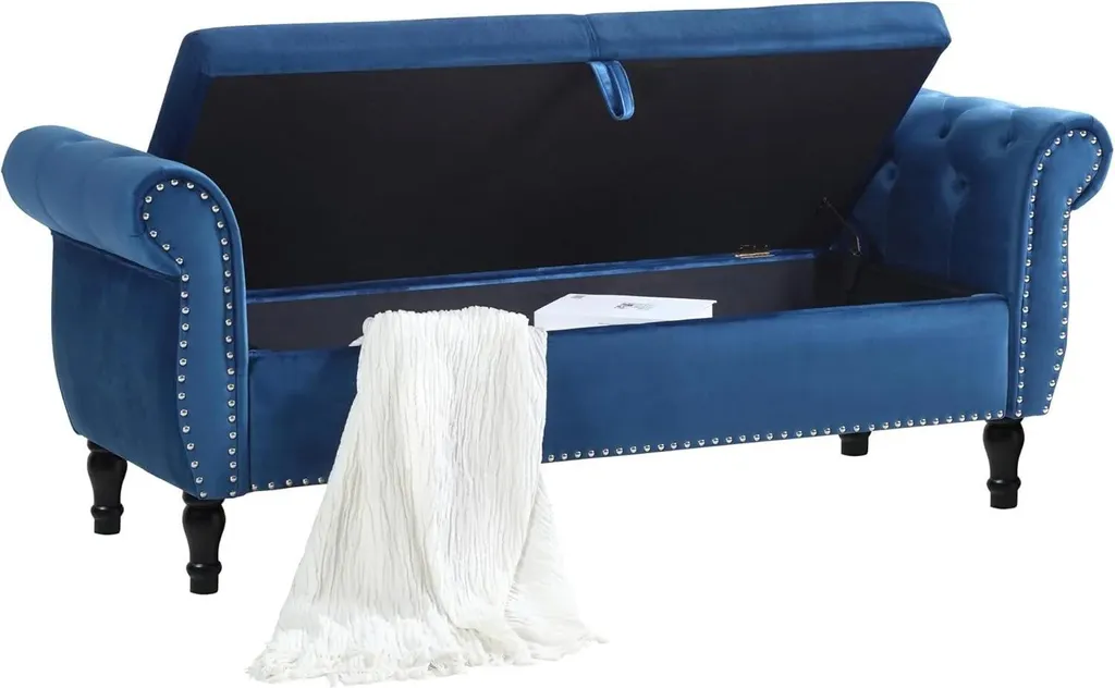 Banquette coffre velours bleu 133 cm : fini le désordre dans le salon