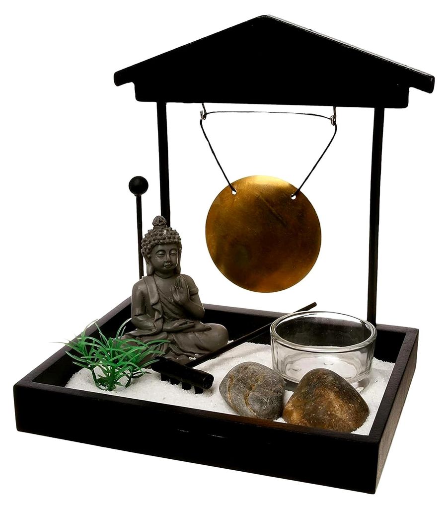 Zen-Garten im japanischen Stil: Inklusive Figur, Steine, Kerzenhalter, Gong, Rechen und Sand in Schwarz, 16,5 x 15 x 12 cm.
