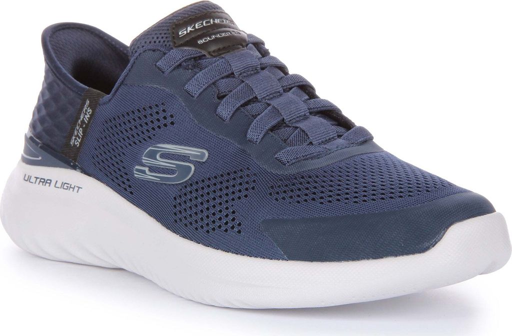 A single blue Skechers shoe is shown against a white background.