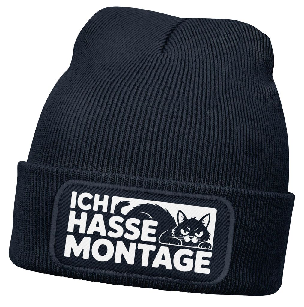 Herren Beanie Spruch Hasse Montage Strickmütze Aufdruck Anti Motivation Lustig Mütze Männer Moonworks