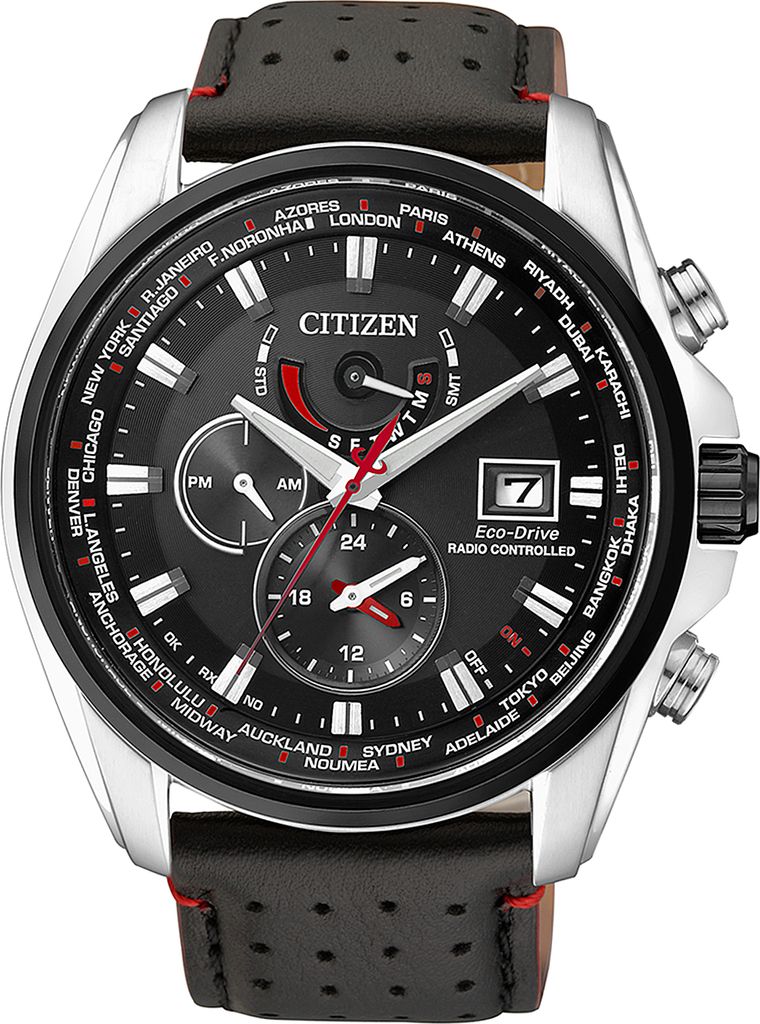 A close-up studio shot of a Citizen Eco-Drive radio-controlled men's watch with a black dial and a black leather strap with red stitching.
