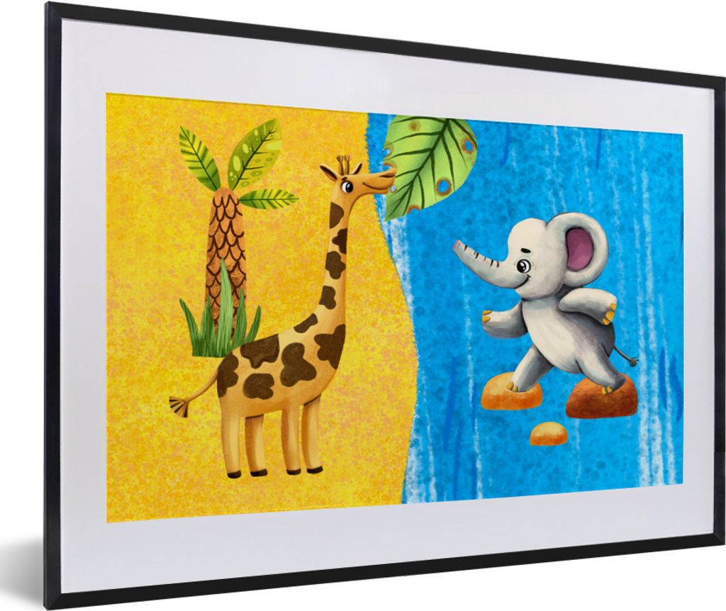 MuchoWow MuchoWow Gerahmtes Poster Elefant - Giraffe - Wasser 60x40 cm - Poster mit zchwarzem Bilderrahmen - Schlafzimmer - Plakat in Rahmen - ...