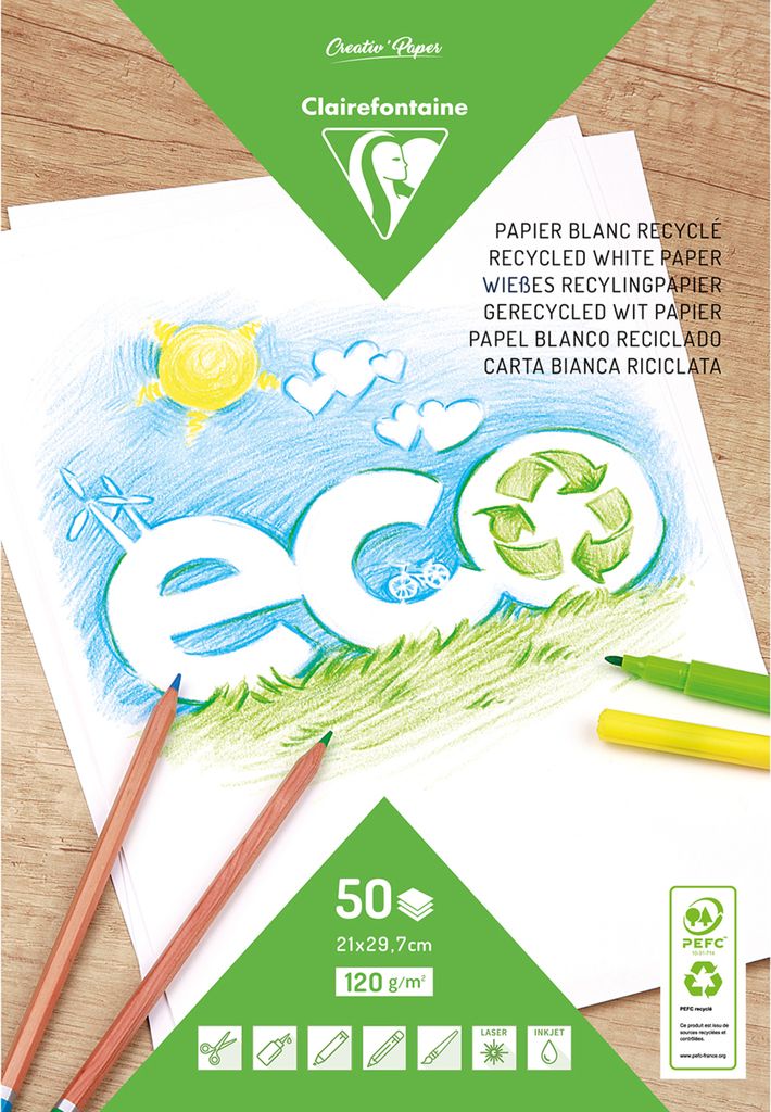 Clairefontaine 5x Weißes Recyclingpapier, Block mit 50 Bl A4, 120g Weiß 26509C