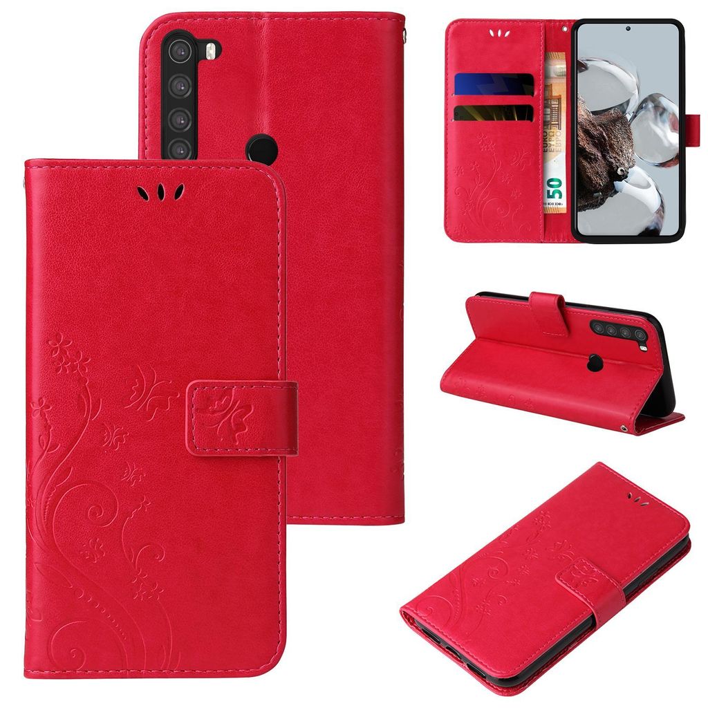 Handyhülle für Xiaomi Redmi Note 8 Floral Blumen Schmetterling Flip Cover Hülle Case Klapphülle Handytasche Farbe: Rot