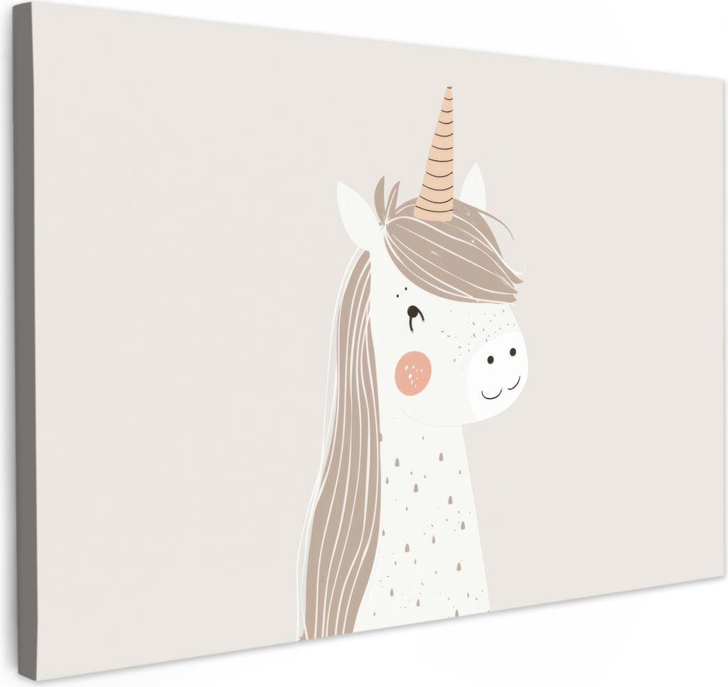 Leinwand Bilder 90x60 cm - Kinder Beige - Einhorn, Bilder Wohnzimmer Modern, Wanddeko